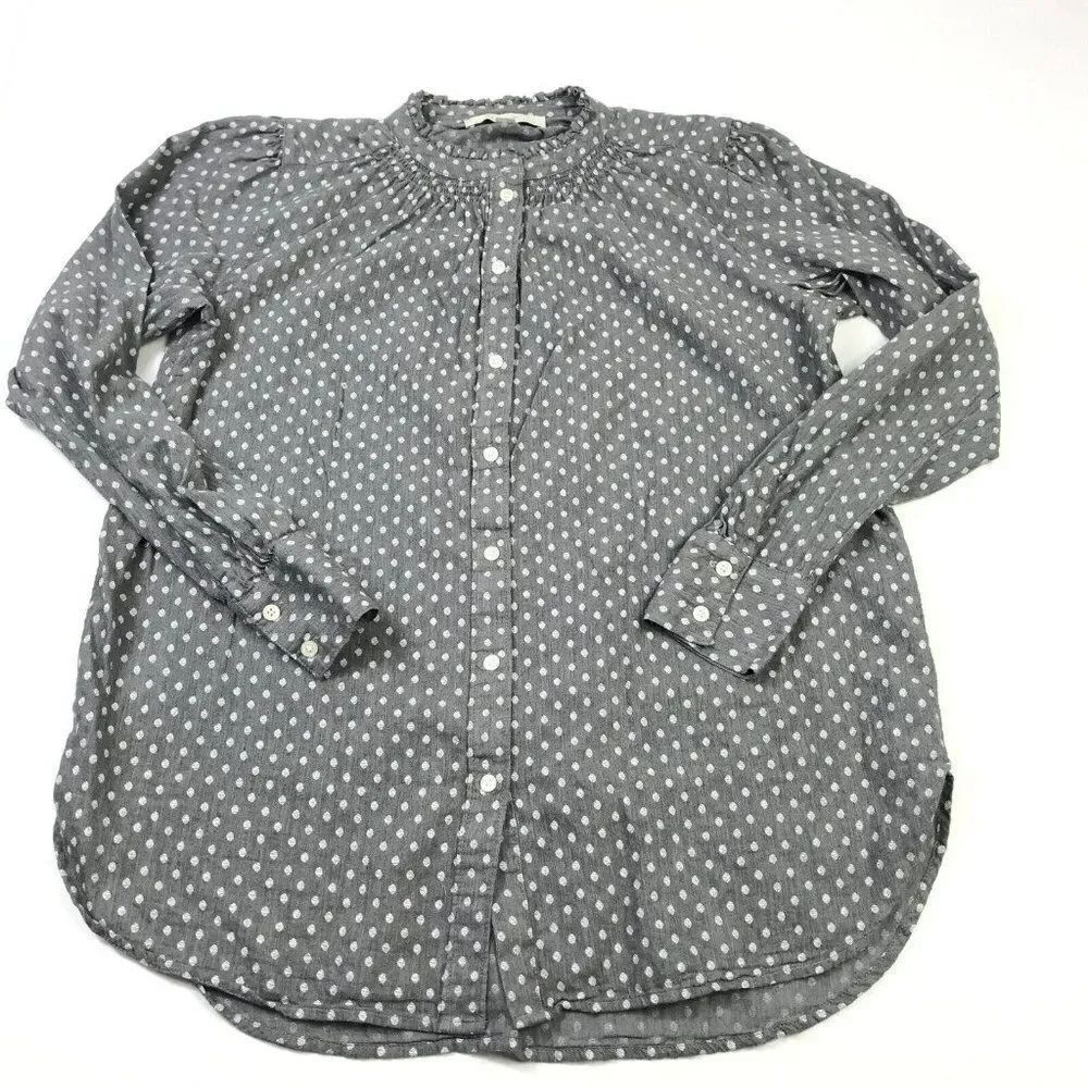 LOFT Womens Cotton Top Gray White Dot Print Button Down Shirt Long Sleeve Small